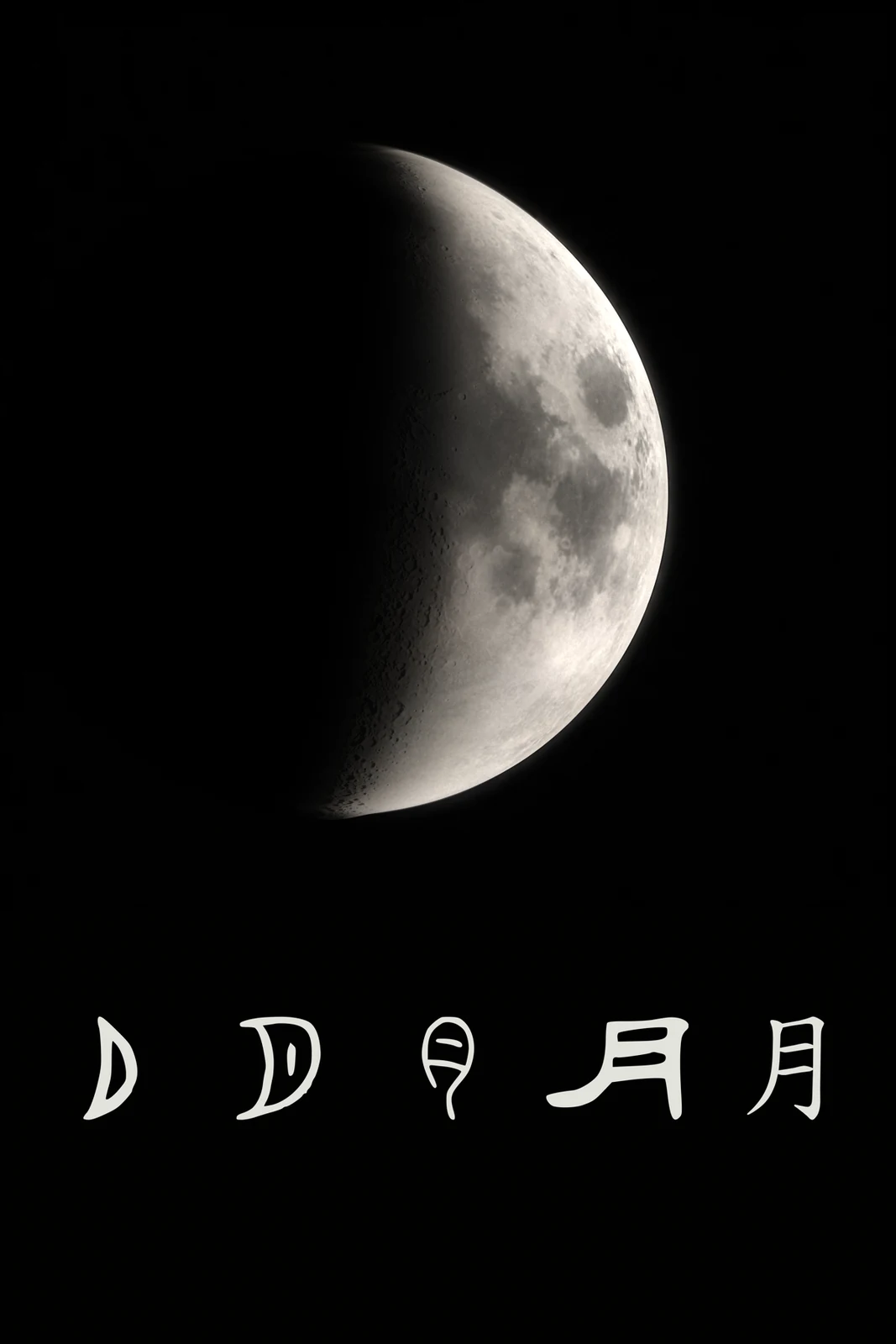 The Orasinica poster for 月, moon: a photograph of the Moon above five forms of the character, from oracle bone to regular script.