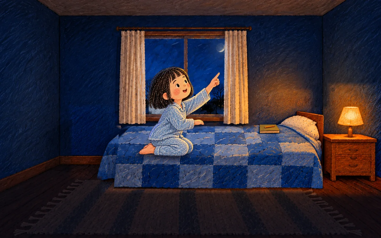 A child’s bedroom at night. A girl kneels on her bed at the window, a crescent moon in the upper corner of the glass, a warm lamp on the nightstand.