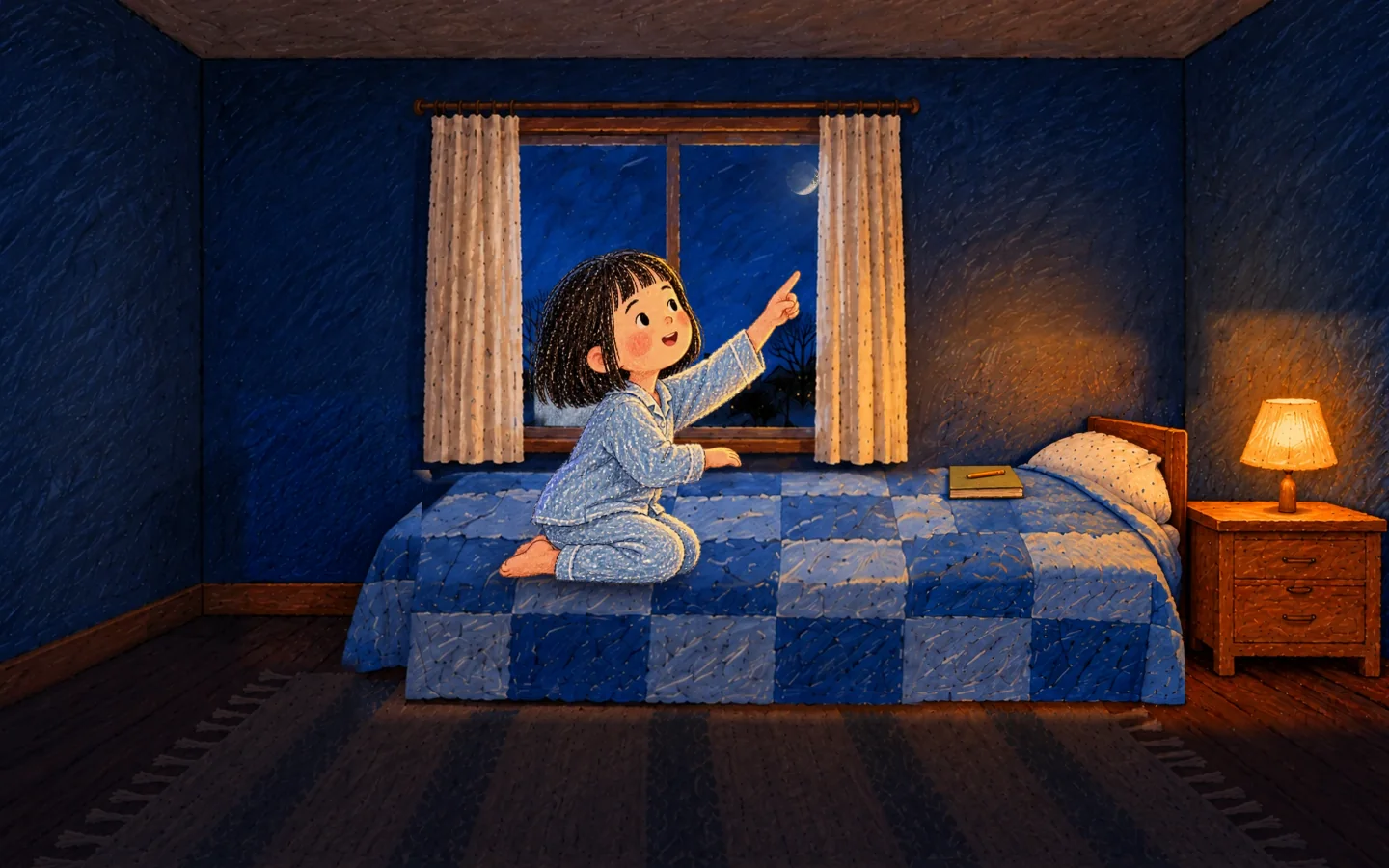 She points at the moon.