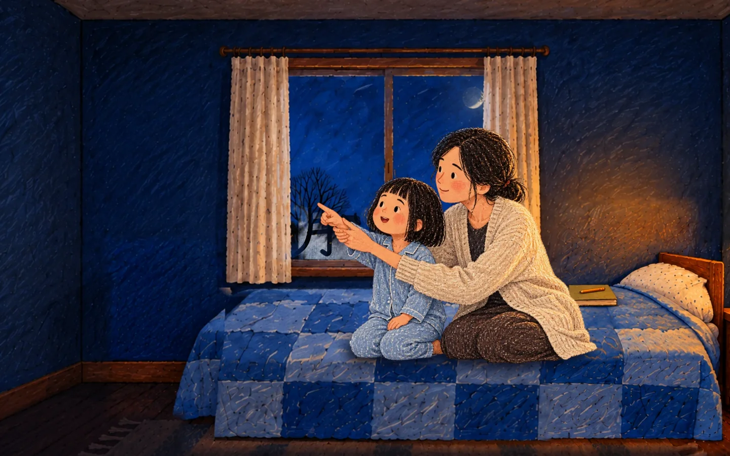 Her mother sits beside her and guides her finger across the fogged corner of the glass, writing 月.