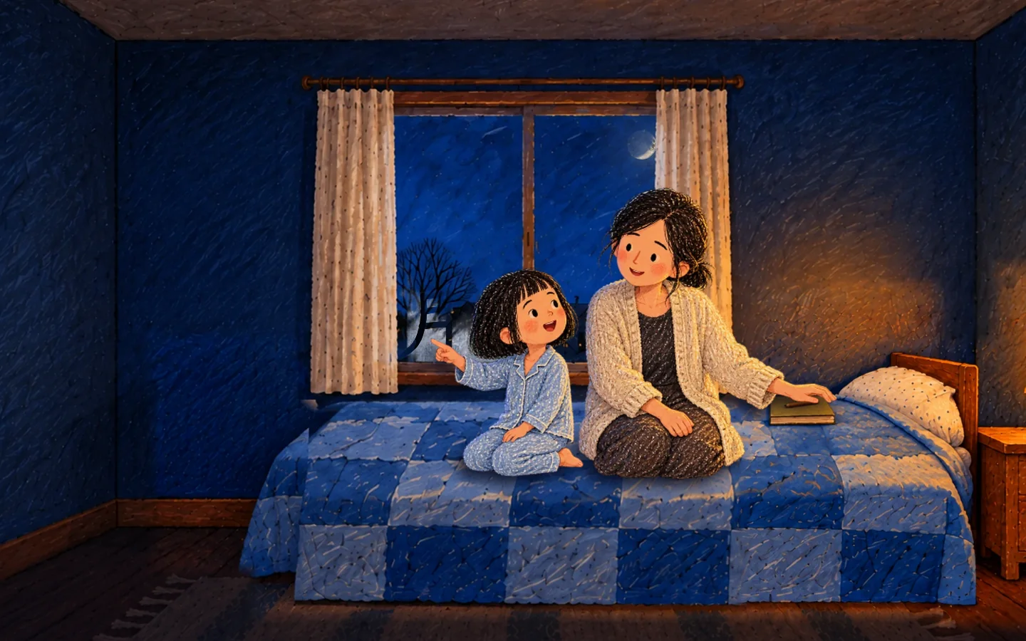The girl points at the written character and looks back at her mother, who reaches for the sketchbook.