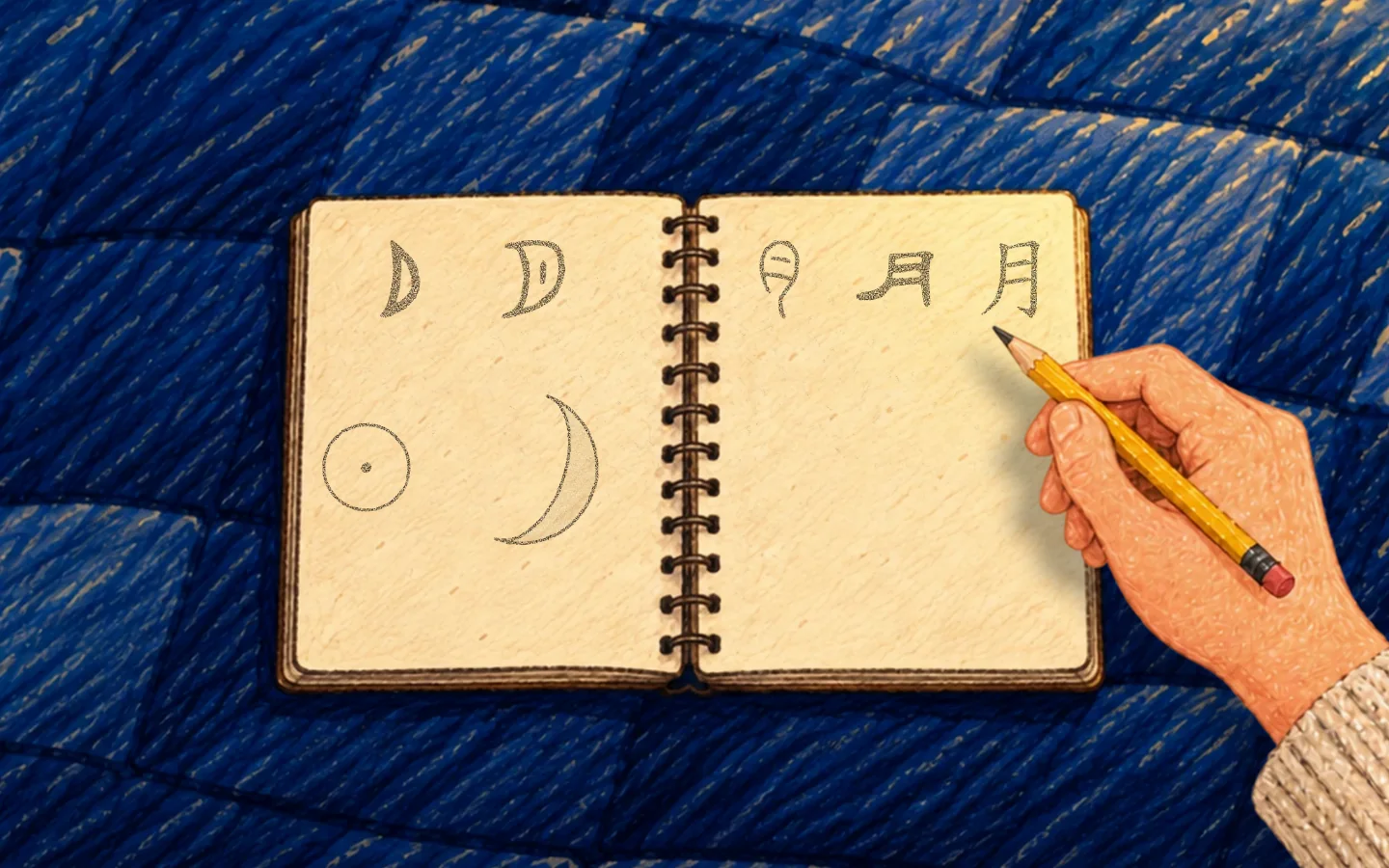 The open sketchbook. Her mother’s pencil draws a crescent moon and, beside it, the oldest written form of 月; then a small circle for the sun; then 月 in four later scripts: bronze, seal, clerical and regular.