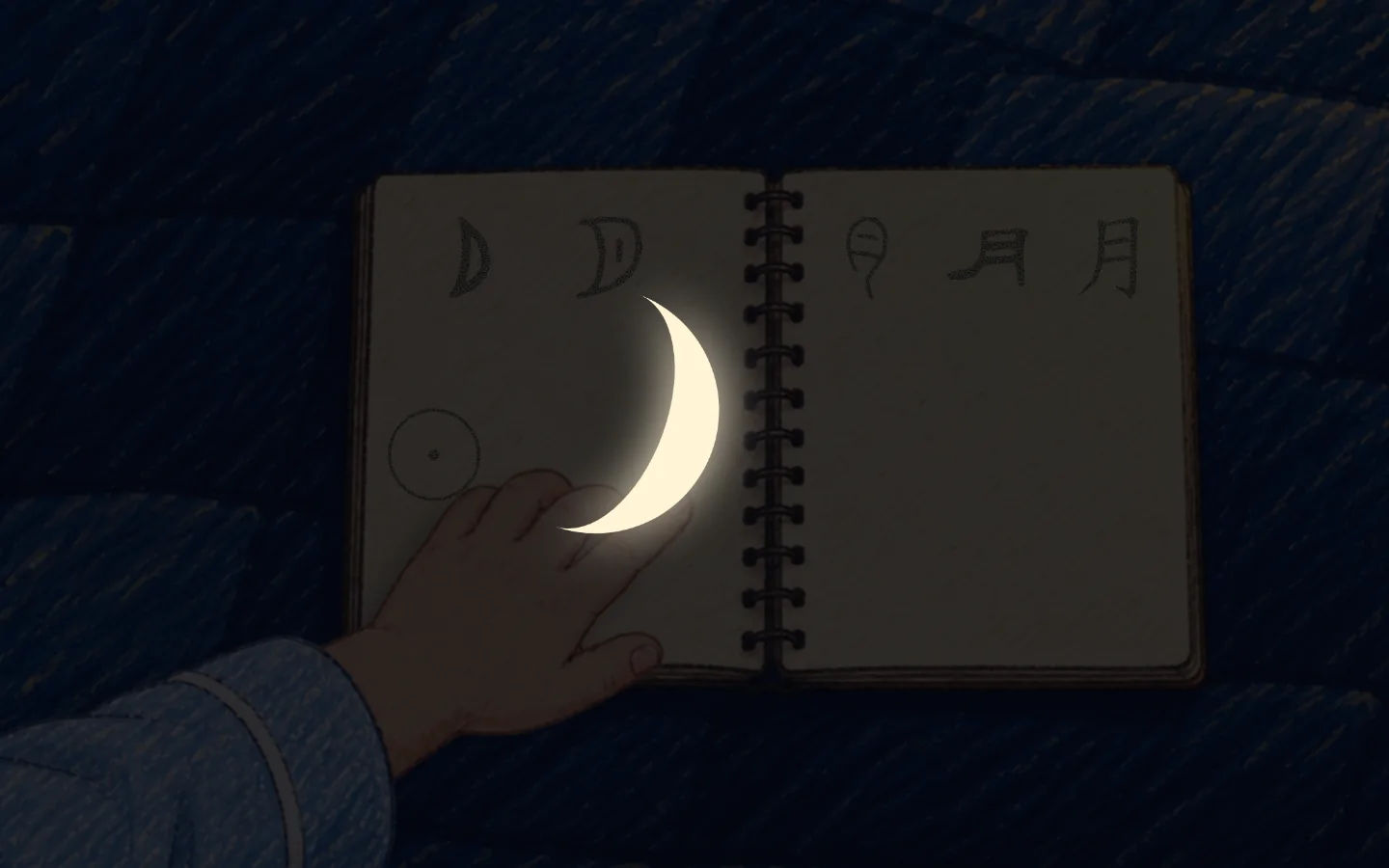 The girl’s small hand touches the drawn crescent. It lifts off the page and begins to glow.