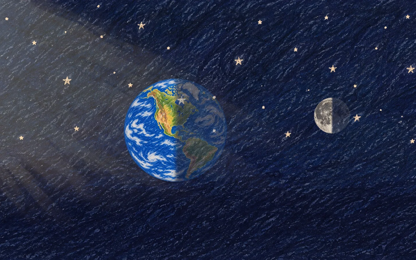 Out in space. Sunlight comes from the left. Earth and the Moon are each lit on the side that faces the Sun.