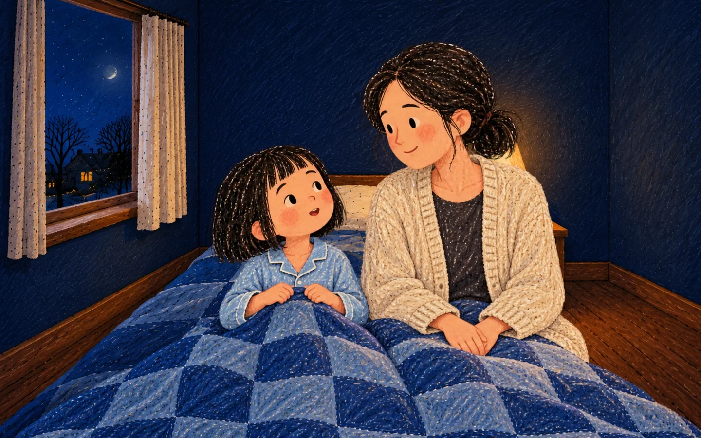 Back in the bedroom. Under the blanket, the girl looks up at her mother, sitting on the edge of the bed. The crescent is back in the window.