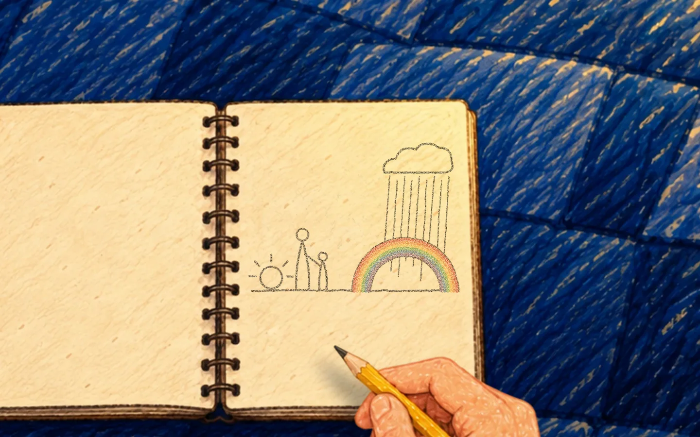 A fresh page. Her mother sketches a memory: the low sun behind the two of them, rain ahead, and a rainbow, red on the outside.