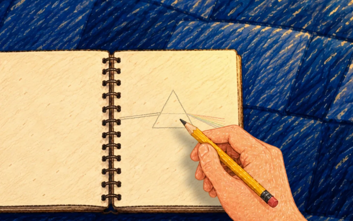 Three pages. A prism splits a beam of white light into colors, red on top. A beam passes two slits; dots land one at a time and build up bright and dark stripes. Then a blank page, the girl’s hand resting on it.