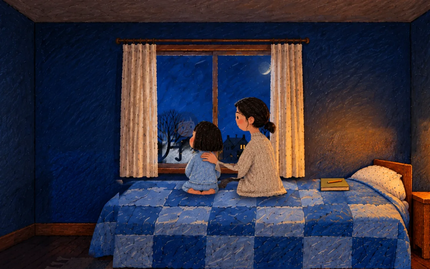 At the window again, her face close to the glass, her mother’s hand on her shoulder. The moon, the written 月 and her own reflection share the pane.