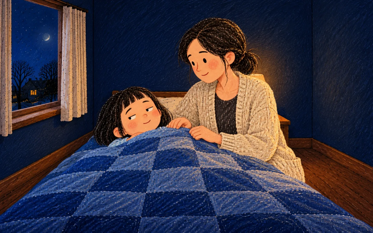 Her mother tucks the blanket up to her chin. Her eyelids are getting heavy.