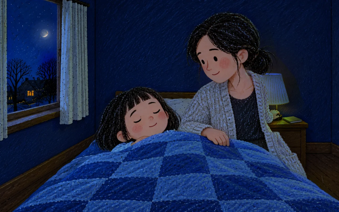 She is asleep. Her mother switches off the lamp; moonlight is the only light, and the crescent in the window grows clearer.